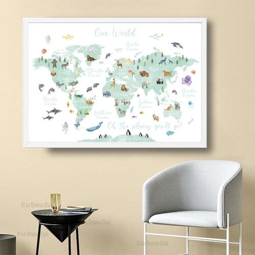 Educational Animal World Map Picture Children Kindergarten Wall Art Canvas Poster Large Size Print Baby Kids Playroom Decoration