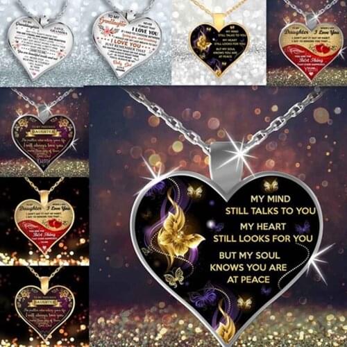 Mom Dad To Daguhter Metal Chain Necklace Epoxy Resin Love Heart Shape Pendant Necklace for Women Girls Family Jewelry Gift