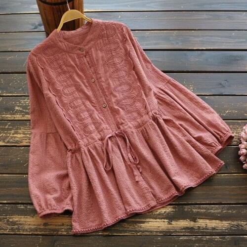 Autumn Women Blouse Mori Girl Vintage Hollow Out Embroidery Lace Stand Collar Long Sleeve Tops Fashion Cotton Shirt New 2020