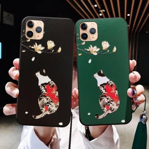 Fish Cat 3D Relief Phone Case For iPhone X XS XR 11 12 Pro MAX 6 7 8Plus SE2 Soft Silicone Back Covers Wrist Matte Phone Cases