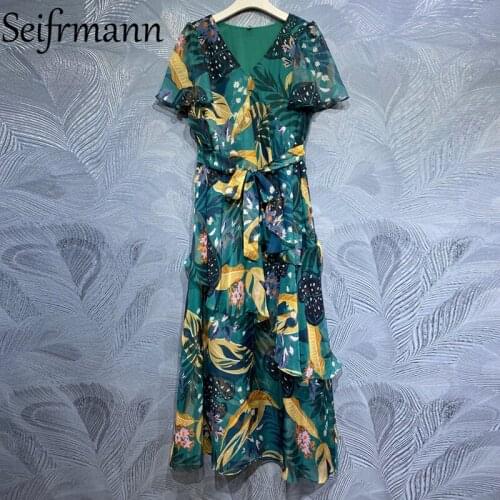 Seifrmann New 2021 Summer Women Fashion Runway Maxi Dress Sexy V-Neck Bow High Waist Floral Print Ladies A-Line Dresses Vestidos