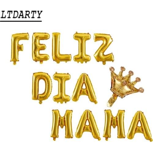 16Inch Solid Color gold silver Letter Spanish Aluminum Foil Balloon Mothers Day Helium Love Globos Decoration crown Mom Balloon