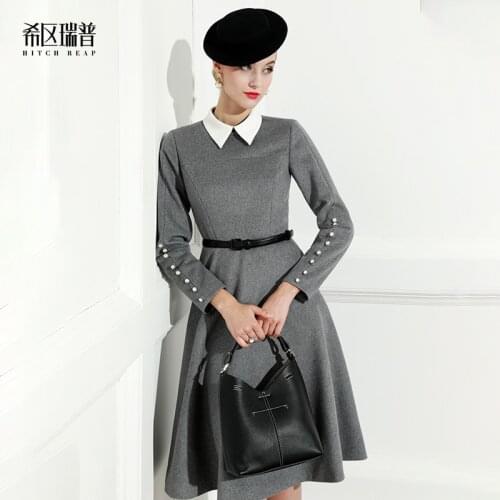 High End Hepburn Style Small Black Skirt Lapel A-Line Large Swing Woolen Dress Celebrity Autumn