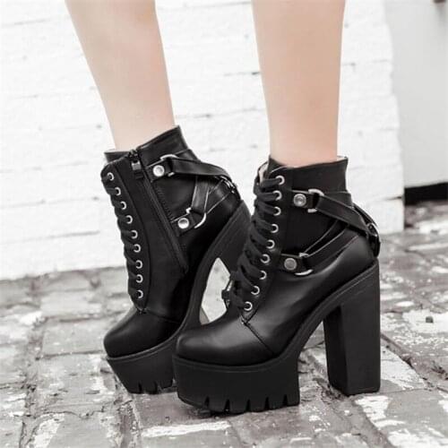High Heels Punk Style Women Ankle Boots Lace-up Motorcycle Boots PU Leather Platform Party Shoes Female Pumps Zipper Boots