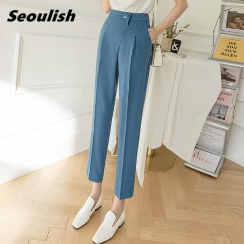 Seoulish 2021 New Formal Womens Harem Pants Spring Summer Blue Button High Waist Female Workwear Elegant Ankle Length Trouses