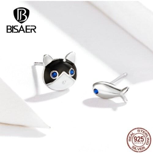 BISAER Cat Earrings 925 Sterling Silver Cat And Fish Story Small Women Stud Earrings for Women Cheap Earrings Jewelry ECE623