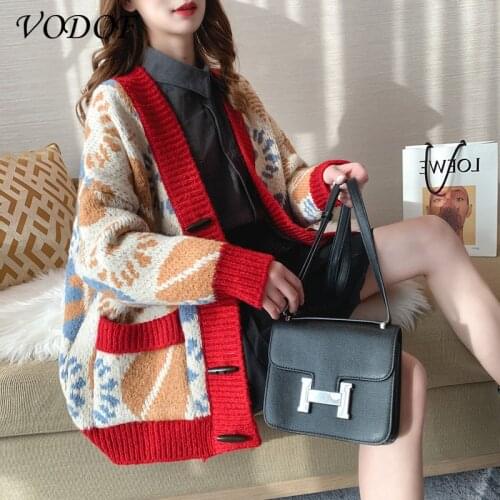 VODOF 2021 Women Fall Long Sweater Cardigans Korean Style Casual Jacket Patchwork Knit Coat V Neck Plaid Winter Warm Thick Coat