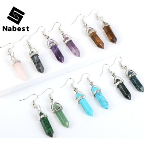 Women Natural Stone Bullet Earring Hexagonal Gem Stone Tiger Eye Turquoises Opal Dangling Pierced Earrings Hoops Hanging Jewelry