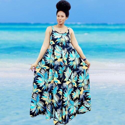 Ankara Maxi Beach Dresses Summer New Design Print Spaghetti Strap Sleeveless Dress Loose Boho Pleated Vestidos Femme Daily