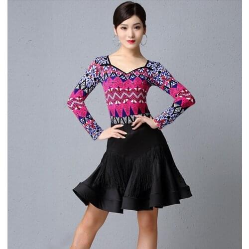 Latin Dance Dress Women Long Sleeve Printing Tops Fringe Tassel Skirt Ladies Rumba Dancewear Tango Dress Samba Outfit DQL3038