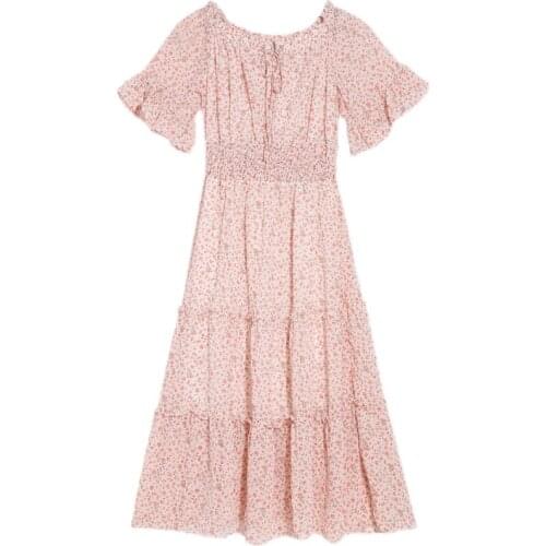 2021 New Summer Women Short Sleeve Dress Korean Fashion Sweet Ruffles Elastic High Waist Floral Chiffon Long Dress