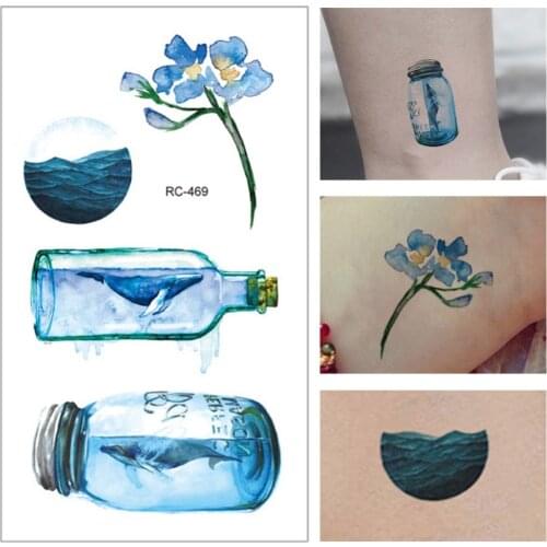 Colorful Blue Temporary Tattoo Women Hand Ocean Drifting Bottle Tattoo Stickers Men Body Arm Ankle Art Waterproof #275171