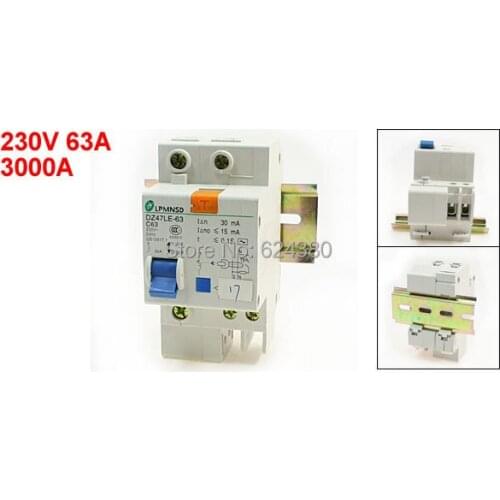 AC 230V 220V 63A 1P 1 Pole Phase 3000A Overload Protection Household Earth Leakage ELE Circuit Breaker DZ47LE-63 w Lead Rail