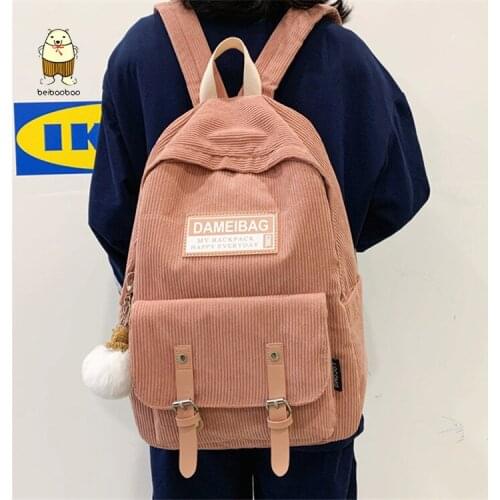 Beibaobao new corduroy womens backpack female hair ball pendant travel backpack Harajuku Female Fashion Bag Stripe Backpack