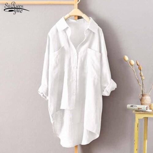 2021 Button Cotton Plus Size Long Sleeve White Blouse Women Korean Cardigan Ladies Top Casual Loose Long Shirt Women Blusa 12161