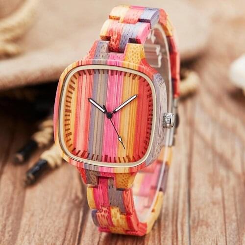 Colorful Wood Watch Women Men Natural Wooden Wristwatch Rainbow Casual Quartz Couple Watch For Male Clock Relogio Masculino