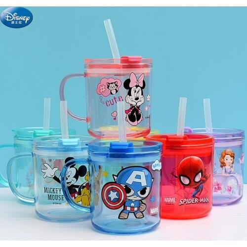 Disney Mickey Minnie Mouse Breakfast Milk Cup Cartoon Spider-Man Transparent Anti-drop Straw Cup Creative Water Cup with Scale