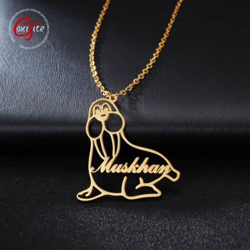 Goxijite Custom Cute Sea Lion Name Necklace For Kid Stainless Steel Animal Initial Letter Nameplate Necklaces Lovely Gift