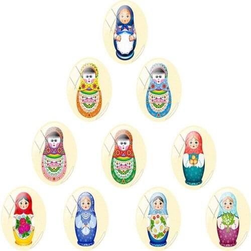 JWEIJIAO Cute Russian Doll Oval Glass Cabochon Clear Cameo Glass Cabochons Tray Pendant Cover Clear Glass Pendant 10pcs/lot RU45