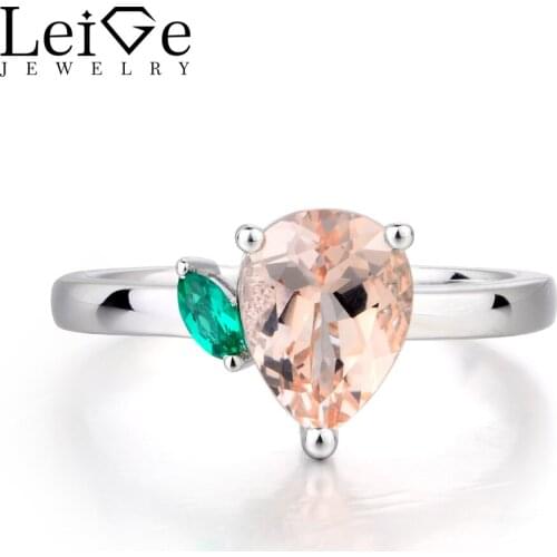 Leige Jewelry Real Natural Pink Morganite Ring Promise Ring Pear Cut Pink Gemstone Solid 925 Sterling Silver Gifts for Women