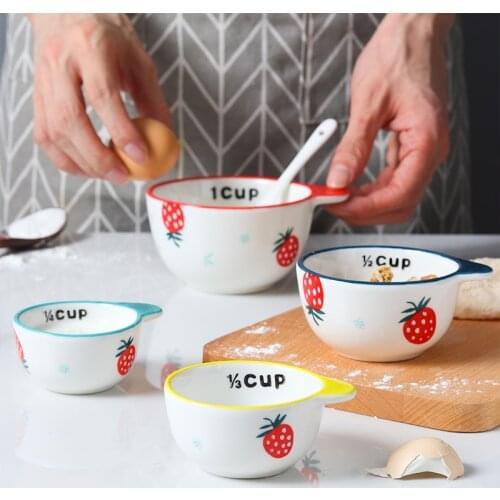 4pcs Set Ceramic Measuring Cup Measuring Bowl Kitchen Baking Bowl Set Cartoon Creative Cute Milk Flour Milk Bowl Tea Bowl