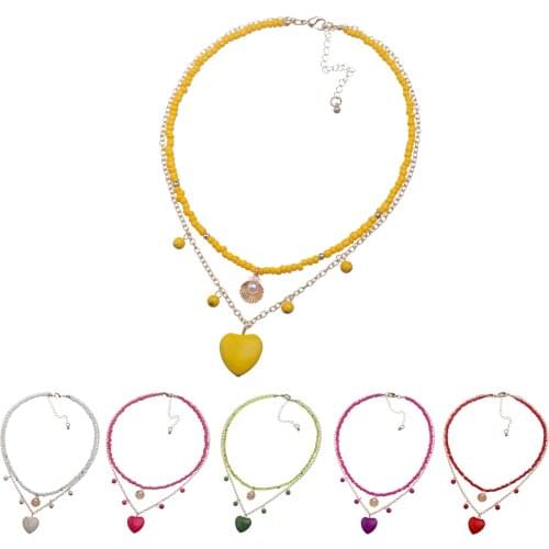Boho Multilayer Chains Heart Stone Pendant Necklace 2021 New Summer Rainbow Charm Beads Clavicle Necklace For Women Party Gift