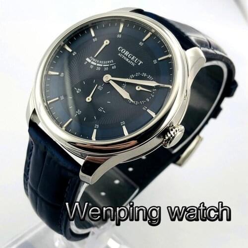 Corgeut 40mm Mens New Casual Mechanical Watch Silver Case Blue Dial Date Mens Top Power Reserve Automatic Watch