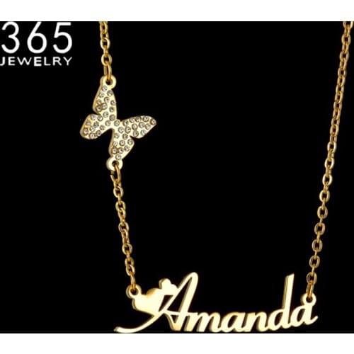 2021 New Customized Names Butterfly Pendants Necklace Diamonds Custom Namplate Necklaces Stainless Steel Personalized Jewelrys