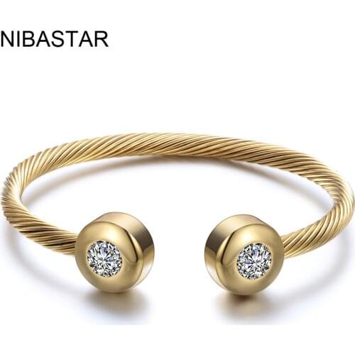 Wholeale Gold-Color Open Bangle Titanium Steel Cable Mesh Wire Clear Crystal Bracelets Bangles For Women
