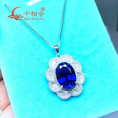 Artificial blue color sapphire flower 925 silver pendant necklace with 10*14mm 7.3ct main stone for jewelry