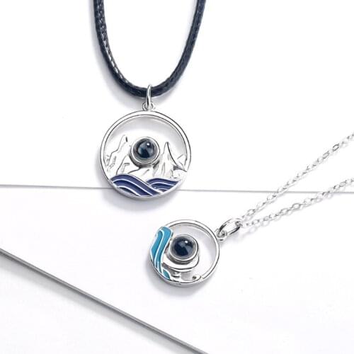 2Pcs 100 Different Language I Love U Nanotechnology Lover Pendant Necklace Mountain Range Ocean Wave Lovers Jewelry Set