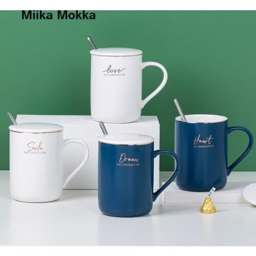 Nordic Simple Coffee Cup with Lid Spoon Creative Personality Ceramic Mug Coffee Mug English Print Milk Breakfast Cup Water Cup