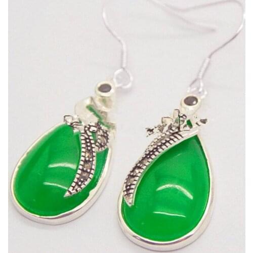 Hot Sell 15*26mm Natural Green Natural jade 925 silver & Marcasite Earrings