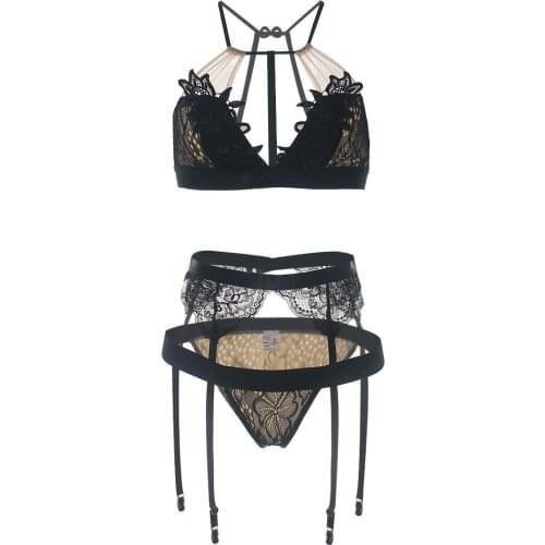 Sexy Lace Bra Set Push Up Seamless Embroidery Bralette Erotic Lingerie Underwear Bra Briefs Garters Set Nightwear Suit