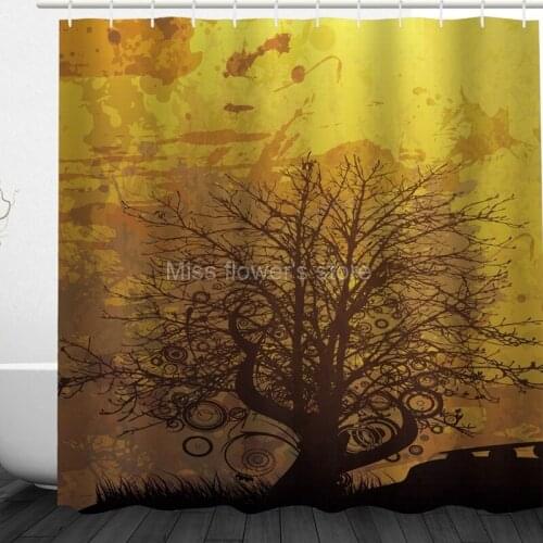 Painted Sunse Tree Pattern Design Custom Shower Curtains Bathroom Waterproof Mildew Polyester Fabric + 12 Hooks