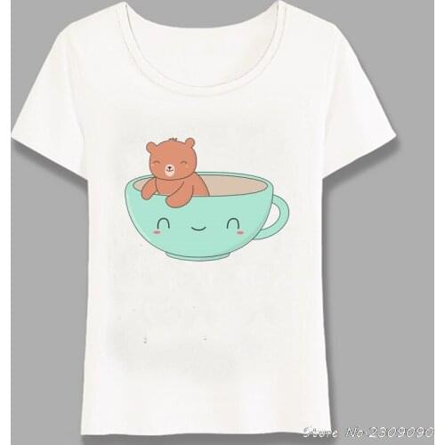 Summer Women t-shirt Kawaii Brown Bear Coffee Mug T-Shirt Maiden Casual Tops Ladies Novelty Tee Cute Girl Short Sleeve Harajuku