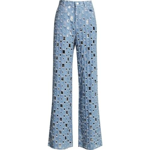 2021 Womens fashion design high waist denim jeans ripped holes personality wide leg long pants trousers plus size SML