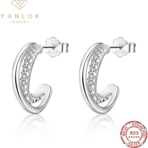 YANLOK Geometric Genuine 925 Sterling Silver Simple Line Stud Earrings For Women Clear CZ Sterling Silver Jewelry Gift