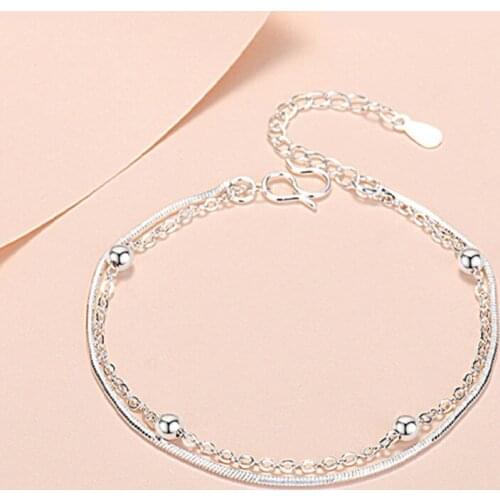 925 Sterling Silver Beaded Chain Bracelet for Women Double Layer Bracelet Gifts Jewelry