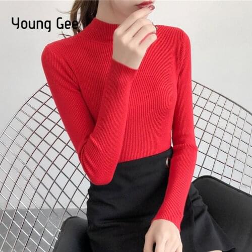 Young Gee 2019 Autumn Winter Women Slim Fitting Knitted Turtleneck Sweater All Match Turtleneck Basic Top Pull Femme Pullover