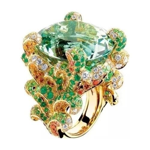 Women Fashion 18K Gold Color Ring Luxury Elegant Flower 12.25CT Natural Emerald Jewelry Wedding Engagement Party Ring Size 5-11