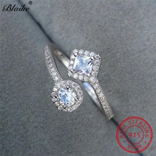 Real s925 Sterling Silver Rings For Women Round Square Crystal White Sapphire Stone Promise Engagement Ring Wedding Bands Female