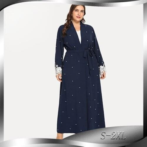 BianFeng Womens Western Elegant Muslim Abaya Beaded Lace Hijab Dress Plus Size Stitching Cardigan Robe Color Black