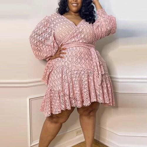 ZJFZML ZZ Women Clothing Dress Plus Size Deep V Neck Lantern Sleeve Hollow See Through A-line Dresses Dropshipping Wholesale