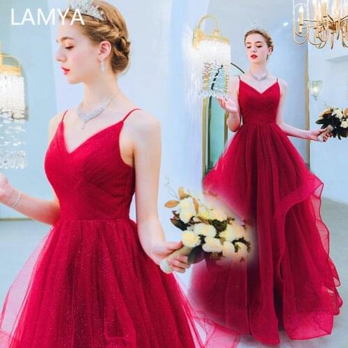 LAMYA Simple Pleat V Neck Evening Party Dresses Spaghetti Strap Formal Dress A Line Prom Gown Robe De Soiree