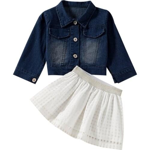 2 Pcs Infant Casual Outfits, Baby Girls Gradient Long Sleeve Lapel Denim Jacket + Solid Color Skirt 1-6T