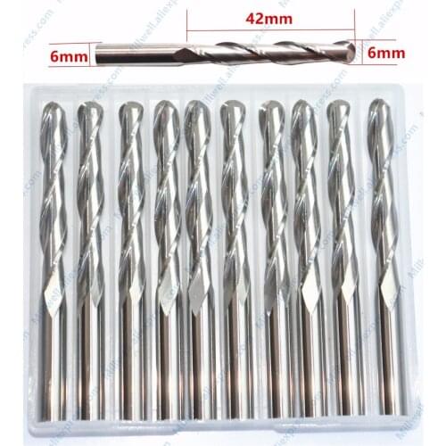 6mm*42mm-10pcs,free shipping cnc solid carbide end mill,woodworking router bit,wood tool,2 flute ball nose spherical cutter