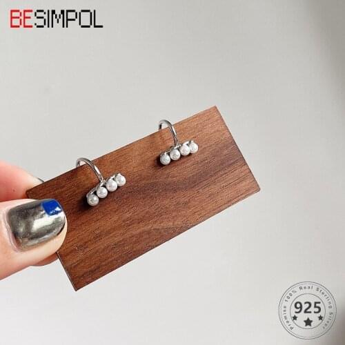 Besimpol Minimalist Chic 925 Sterling Silver Clip Earring Fashion Single Row Bead Pearls Earrings For Women Fine Jewelry Gifts