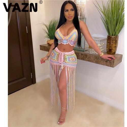 VAZN 2020 Tassel Sheath Colorful Set Ladies Tracksuit Female Summer Matching Sets Sleeveless Top Hollow Out Pant Female Sets