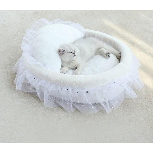 Round Cat Bed House Soft Lace Princess Cat Mat Bedding Kennels Nest Cushion Pet Sofa Cushion Portable Pets Sleeping Supplies